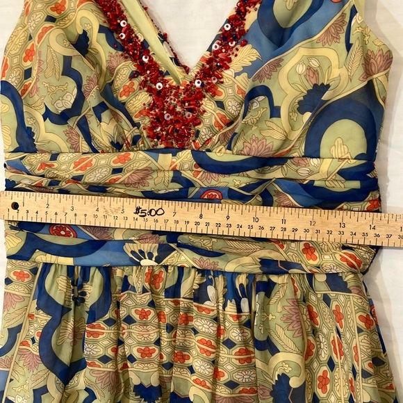 Kay Unger size 6 SILK Blue and Tan Ruched A-Line Midi dress - NWT but FLAWED - Picture 16 of 16